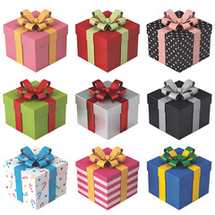 Collection of colorful gift boxes isolated on transparent background with ribbons and bows