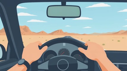 Interior view of car driving on open road with desert landscape and traffic sign under clear blue sky for adventure exploration or travel themes