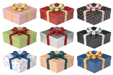 Collection of colorful gift boxes with ribbons isolated on transparent background
