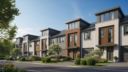 Fototapeta premium Modern suburban townhouses with landscaping and contemporary design