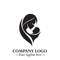 Mom and Baby Logo Symbol in Black on White Background for Gentle Minimalist Branding Design Art