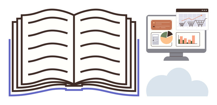 Open book alongside a computer screen featuring charts, graphs, and shopping carts. Ideal for education, e-learning, digital marketing, analytics, online shopping, data visualization and technology - Powered by Adobe