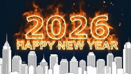 Countdown to new year 2026 celebration with cityscape animation and burning transition