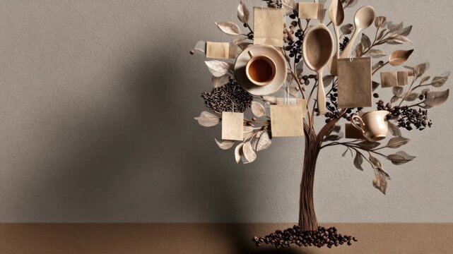 Creative culinary tree with wooden cutlery and coffee-themed design