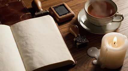 Open Vintage Notebook with Blank Pages, Lit Candle, Steaming Tea, and Antique Seals on a Wooden Desk - Powered by Adobe