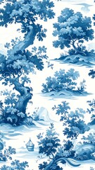 Blue and white scenic toile pattern with trees, hills, and a small boat against a white background
