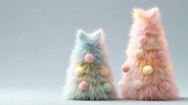 Pastel furry christmas trees with pom-pom decorations and soft glowing lights