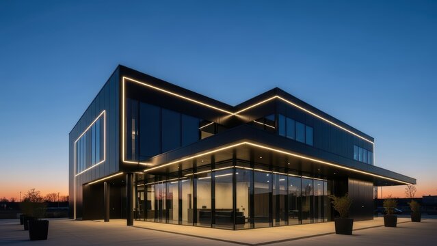 Modern minimalist architecture at sunset with illuminated facade