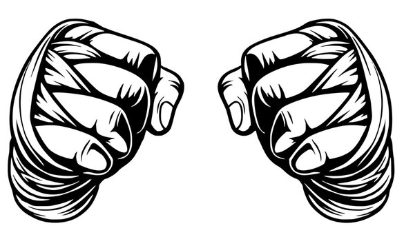 Pair of clenched fists wrapped in hand wraps or boxing tape, rendered in a striking black vector sketch.