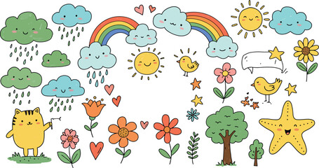 Obraz premium Whimsical hand drawn collection of cute cartoon weather elements and nature illustrations