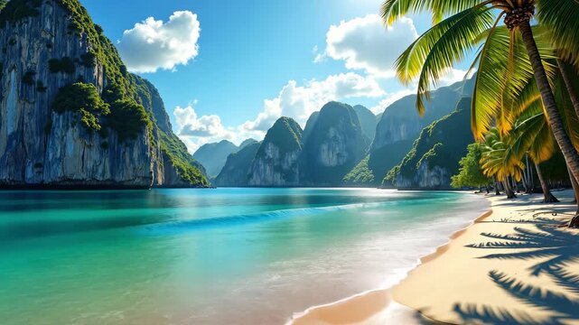 Crystal-clear turquoise water gently laps shore. tall palm trees line beach. perfect tropical paradise for relaxation and vacation. beautiful tropical beach with white sand and turquoise waves.