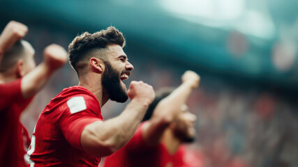 Passionate soccer player celebrates goal and victory with teammates at stadium, expressing intense excitement and triumph in dynamic sports moment