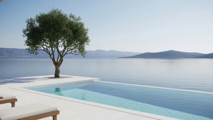 Serene coastal retreat with infinity pool and scenic mountain view