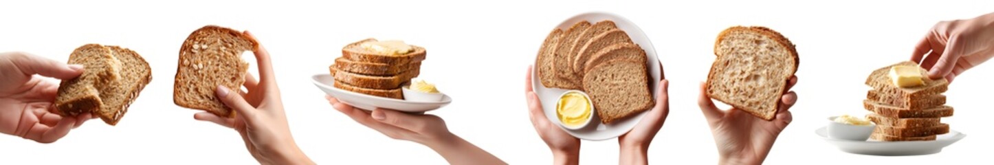 Set of hand holding Whole wheat grain wholemeal bread bun loaf slice, broken bitten stack pile, white plate with butter, isolated transparent cutout PNG. Many different style. Mockup design
