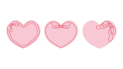 Heart Shape Bow Frame Set. Coquette Romantic hand drawn line Valentine card templates with curly ribbon border. Outline vector illustration