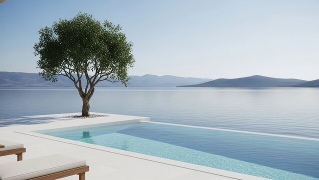 Serene coastal retreat with infinity pool and scenic mountain view