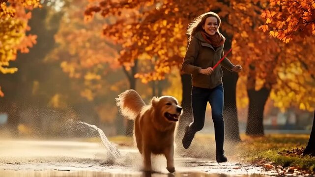Golden Steps: Companions in the Fall. A golden retriever trots joyfully beside a person in a brown jacket, guided by a red leash through a park ablaze with autumn color. 