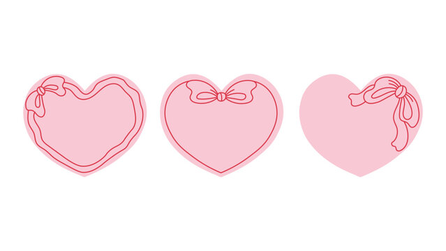 Heart Shape Bow Frame Set. Coquette Romantic hand drawn line Valentine card templates with curly ribbon border. Outline vector illustration