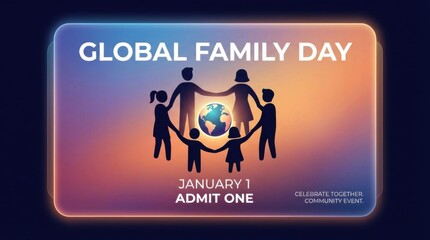 modern ticket design template for global family day illustration template featuring diverse family silhouettes holding hands around a globe on soft gradient background with gentle glow