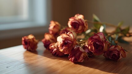 Naklejka premium Dried roses on a wooden surface bathed in warm sunlight evoking nostalgia and the passage of time
