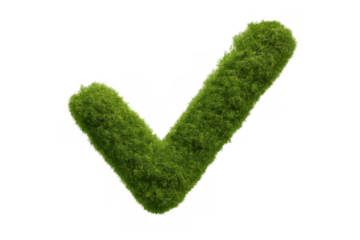 Green grass check mark symbol representing ecology, approval, eco-friendly, and sustainability concept with transparent background