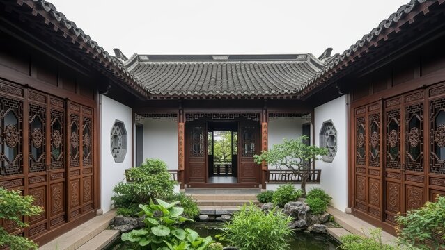 Traditional chinese courtyard with ornate woodwork and lush garden - Powered by Adobe