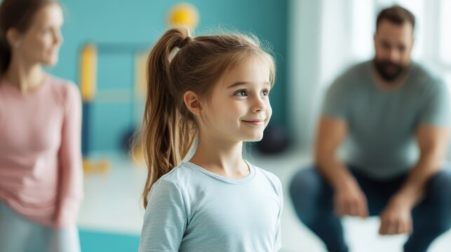 Happy young girl smiling and looking sideways during wellness activity in bright studio