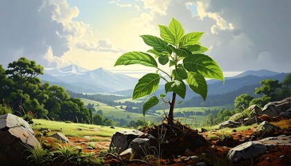 A young sapling grows against a painted landscape of sunlit hills, mountains, and cloudy skies
