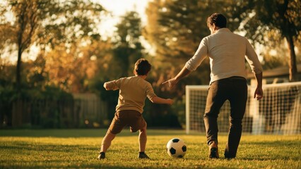Fototapeta premium Father and son play soccer on grassy field at golden hour, enjoying outdoor family bonding activity