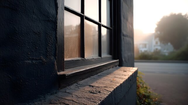 Soft morning light illuminates a weathered stone ill beside a dark textured building wall with misty fog in the background