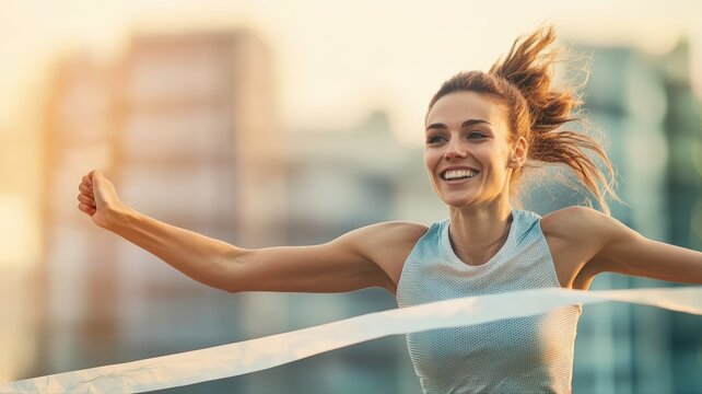 Happy female runner breaking finish line tape with triumphant smile, symbolizing success and achievement