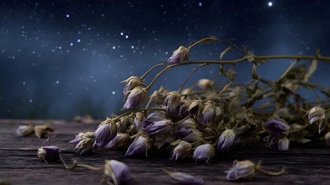 A bouquet of dried purple flowers rests on a rustic wooden table beneath a dark starry night sky - Powered by Adobe