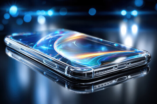 Smartphone with vibrant holographic display on dark background