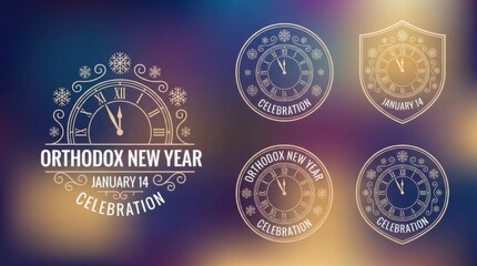 modern badge and emblem set template for orthodox new year illustration template featuring clock near midnight with gentle snowflakes on soft gradient background with gentle glow