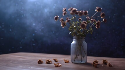 Naklejka premium Dried flowers in a glass vase sit on a wooden table against a dark bokeh filled background