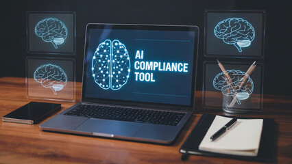 Explore innovative AI compliance tools presented on a laptop with glowing brain graphics for cutting edge technology and modern business solutions today