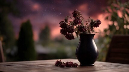 Naklejka premium Withered flowers in a dark vase on a wooden table under a dramatic twilight sky with stars