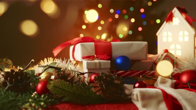 Cozy Christmas setup with wrapped gifts in red ribbons, festive ornaments, pine cones, and garlands, highlighted by soft bokeh lights from a holiday tree in the background.