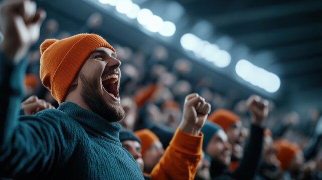 Excited male fan cheering loudly at vibrant stadium sports event, showing passionate support and team spirit