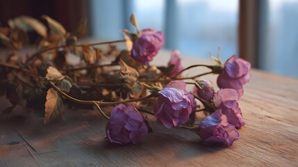 Naklejka premium Dried purple roses on a wooden table evoking a sense of quiet melancholy and the passage of time