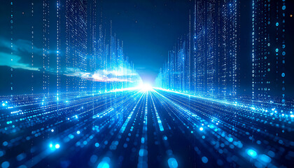 Minimalist cyberpunk digital flow overlay, glowing soft blue and light cyan tones, subtle floating binary code and numeric streams, light futuristic atmosphere