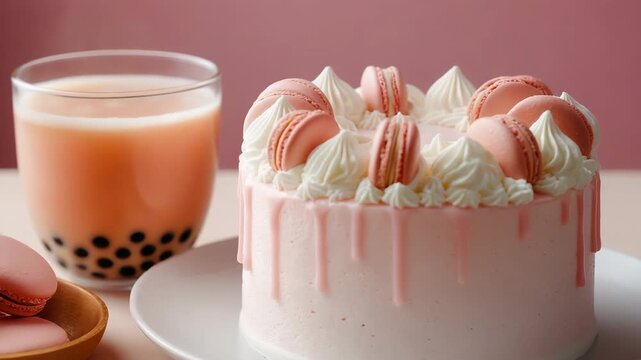 Pink macaron drip cake with bubble tea on plate