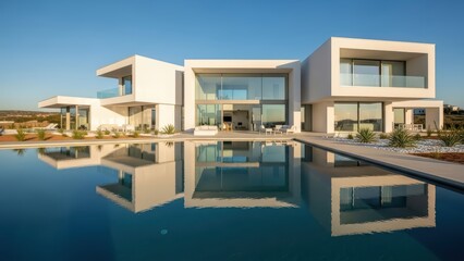Modern minimalist white villa with large pool at sunset