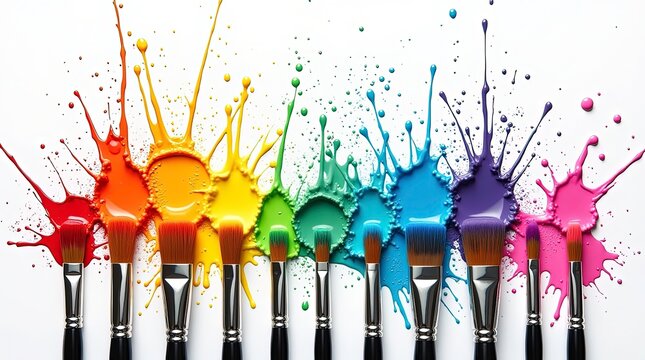 Row of professional artist paintbrushes, with vibrant colorful paint splashes bursting upward in a rainbow sequence, look glossy, and dynamic with splatter effects around the main splash.