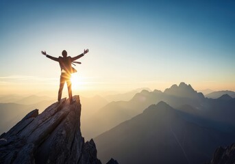 Successful businessman standing on mountain peak at sunset with arms open
