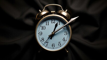 A vintage round analog alarm clock with a blue and gold dial placed on a dark black fabric background.