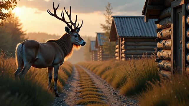 majestic deer walks gracefully through remote village, near traditional wooden houses. wild nature harmoniously coexisting with human habitats. rural settlement, stately deer strolls village houses.