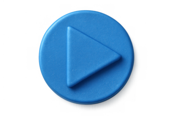 Blue play button icon representing media playback, starting content, audio streaming, video, and beginning something new on transparent background