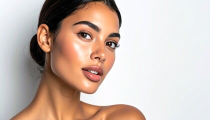 Fototapeta premium portrait of a beautiful woman with flawless skin, elegant makeup, and a serene expression. Ideal for beauty, skincare, and fashion advertising, showcasing natural elegance and modern aesthetic