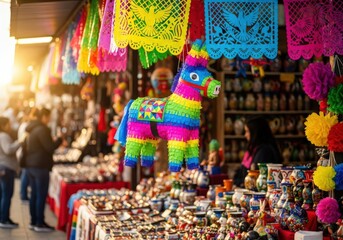 Colorful donkey pinata hanging at outdoor market on sunny day